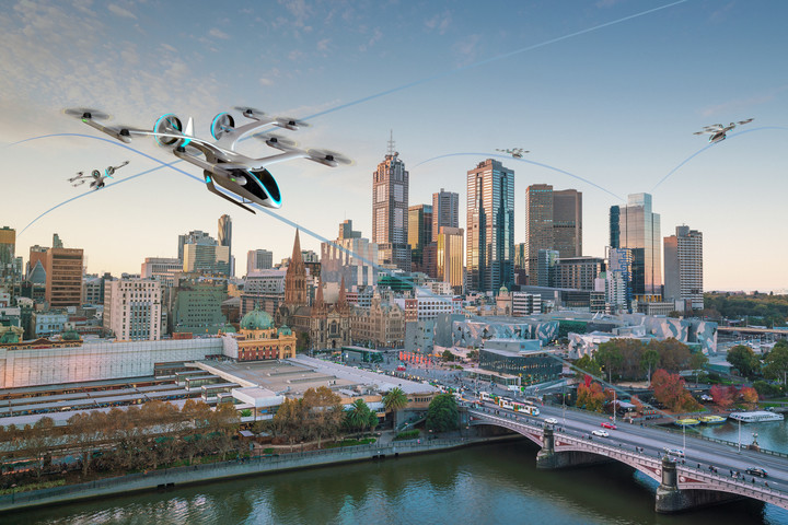 Ilustração de Melbourne, na Austrália, com veículos EVE. Crédito: Embraer