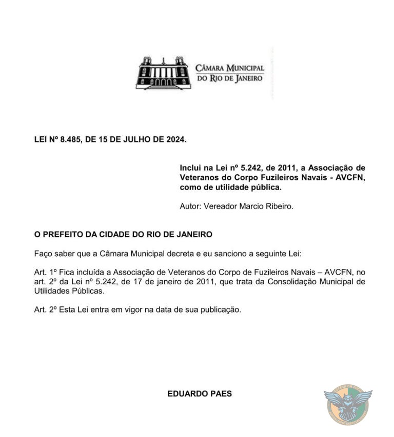 Prefeito Eduardo Paes sanciona Lei que inclui AVCFN como de utilidade pública
