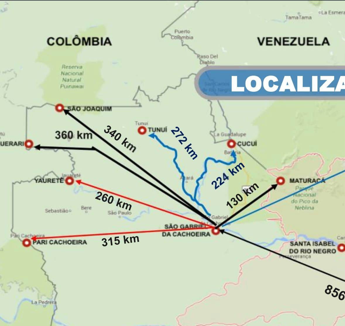 Mapa de rotas em São Gabriel da Cachoeira.