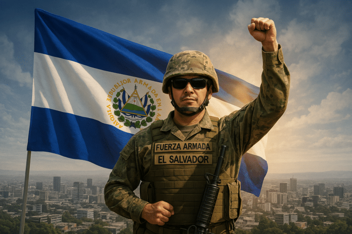 Soldado de El Salvador com bandeira ao fundo.