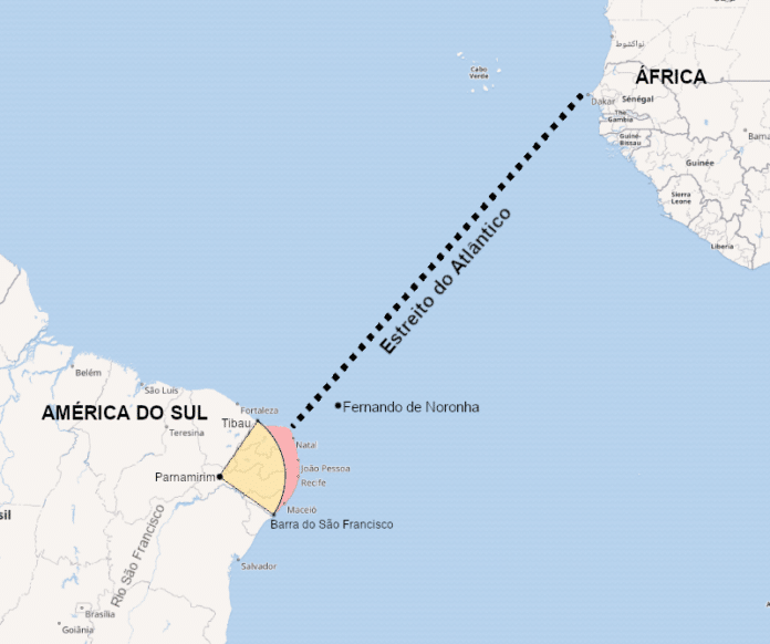 Mapa entre América do Sul e África.