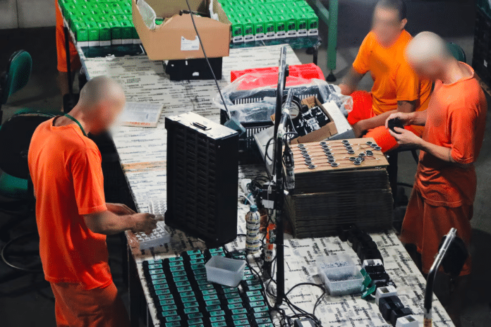 Trabalhadores montando componentes eletrônicos em fábrica.