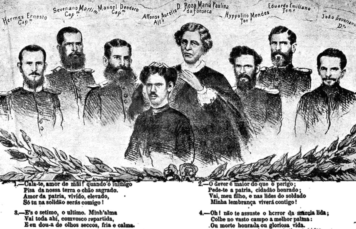 Ilustração histórica com figuras militares e poesias.