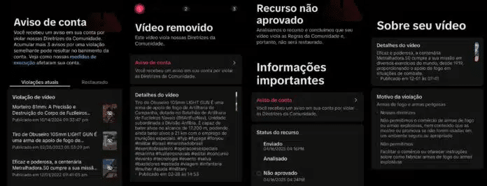Notificação de conta e remoção de vídeo em plataforma.