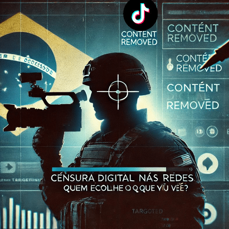 Soldado filmando, bandeira do Brasil e censura digital.