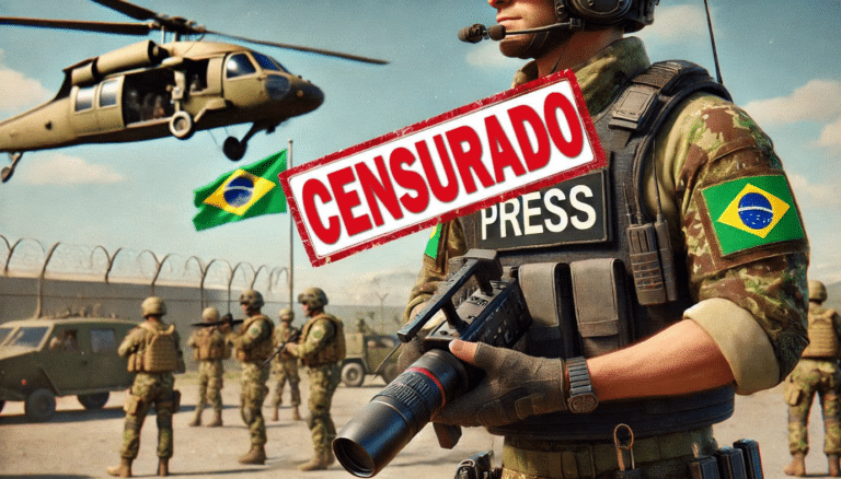 Militar brasileiro com câmera e helicóptero ao fundo.