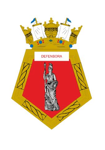 Brasão com figura de mulher guerreira, escrito 'DEFENSORA'.