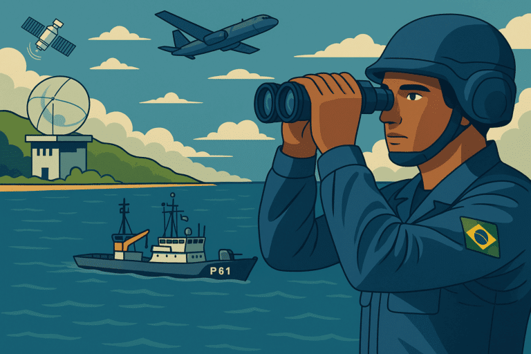 Ilustração militar com radar, navio e avião.