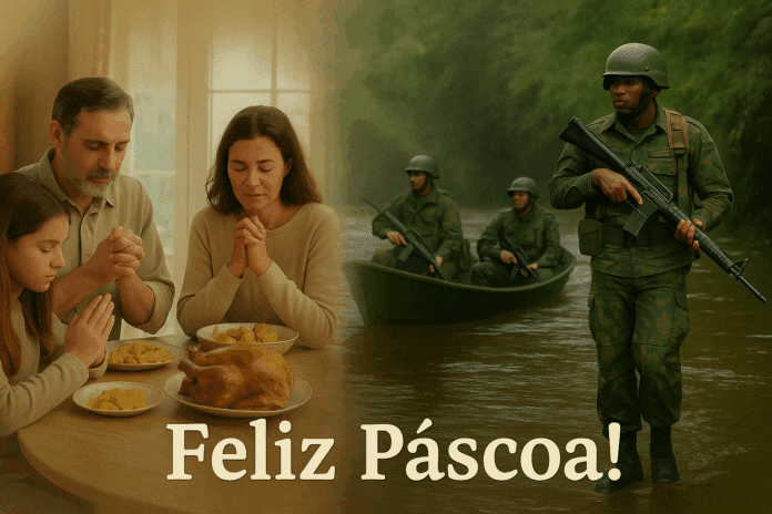 Família orando e soldados em barco, Feliz Páscoa