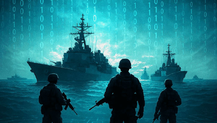 Soldados observam navios de guerra no mar digital.