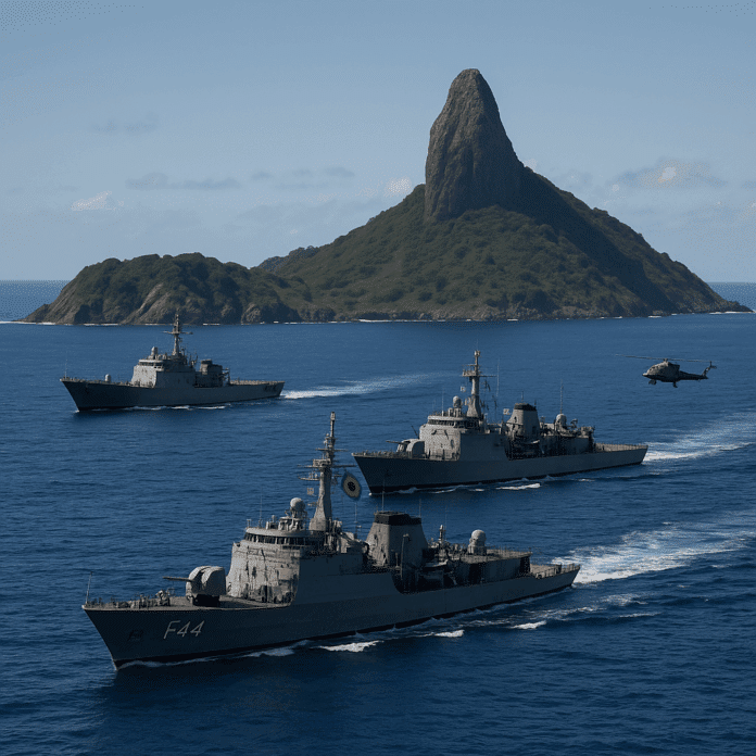 Navios de guerra e helicóptero no mar azul