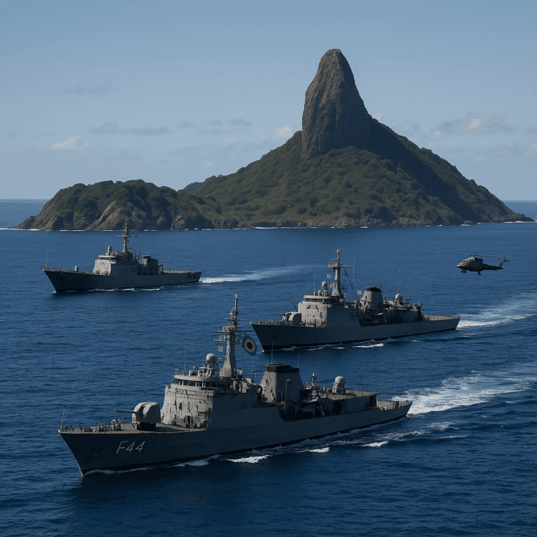 Navios de guerra e helicóptero no mar azul