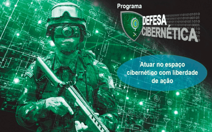 Soldado com equipamento de defesa cibernética avançado.