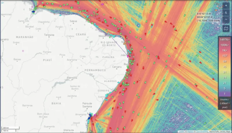 Mapa de tráfego marítimo na costa nordeste do Brasil.
