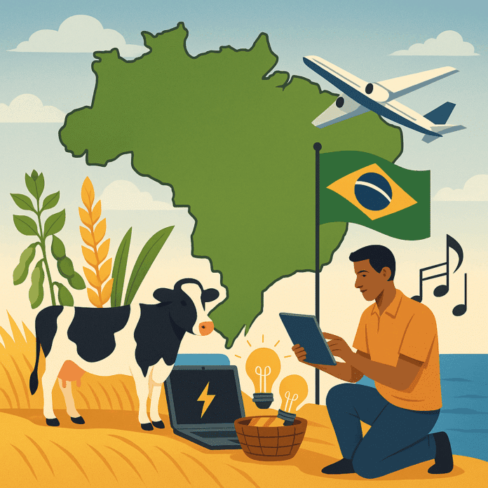 Tecnologia e agricultura no Brasil, mapa ao fundo.