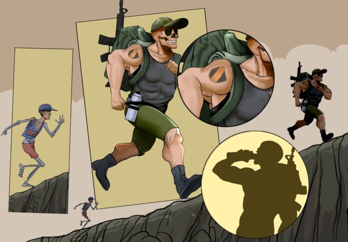 Evolução de homem esquelético para guerreiro musculoso.