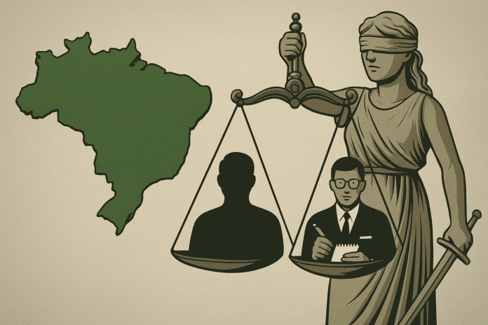 Justiça e mapa do Brasil em balança.