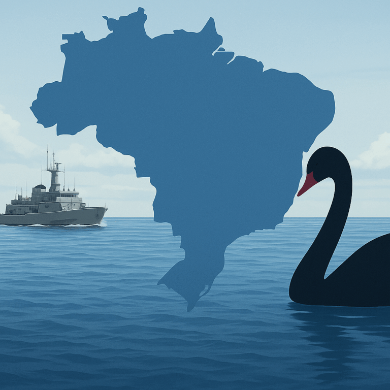 Mapa do Brasil com cisne e navio no mar.