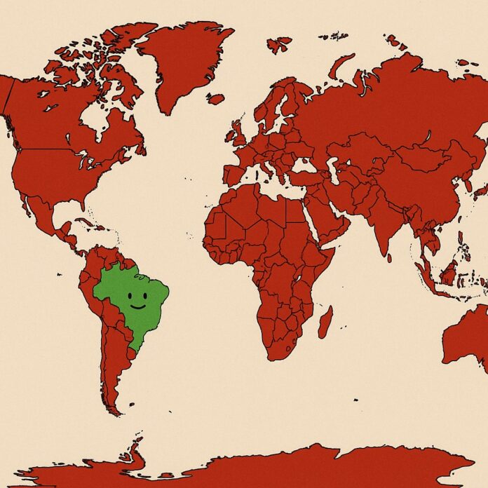 Mapa mundial com destaque no Brasil sorridente.