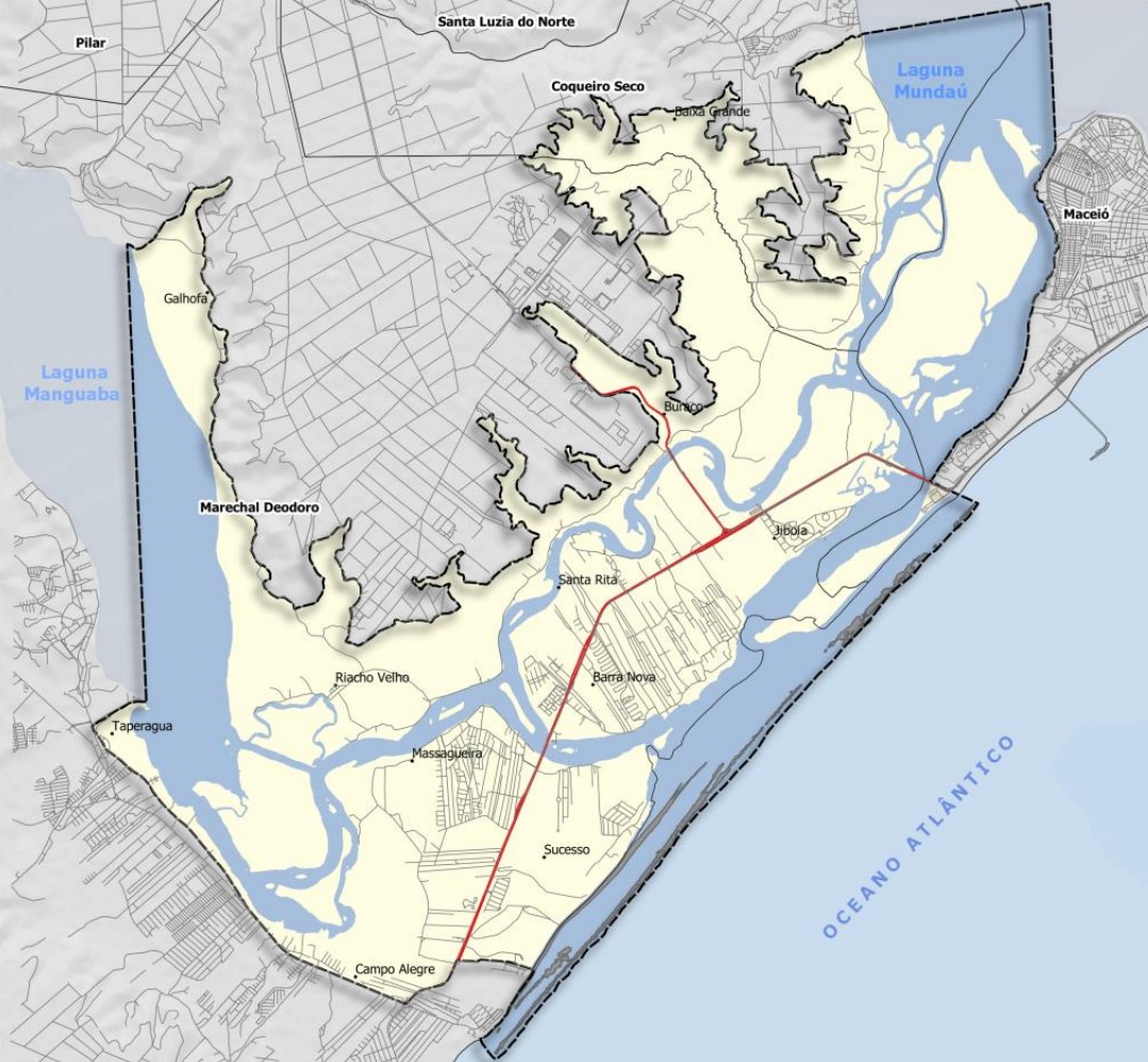 Mapa da região de Marechal Deodoro, Alagoas.