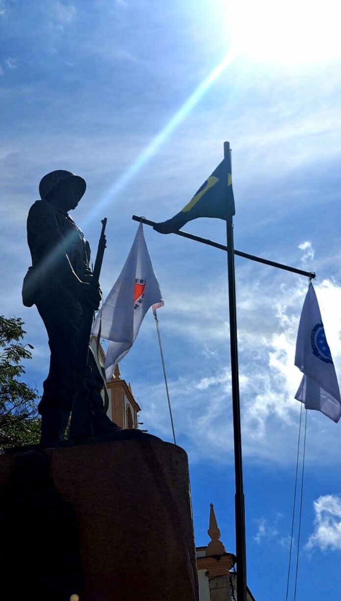 Estátua de soldado com bandeiras ao fundo, céu azul.