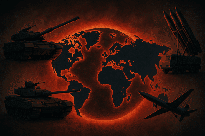Mapa mundial com tanques e mísseis ao redor.