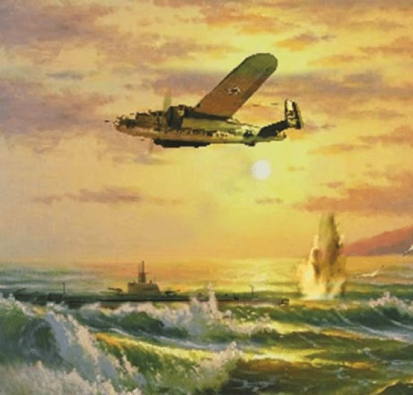 Avião sobre voo, submarino no mar em pôr do sol.