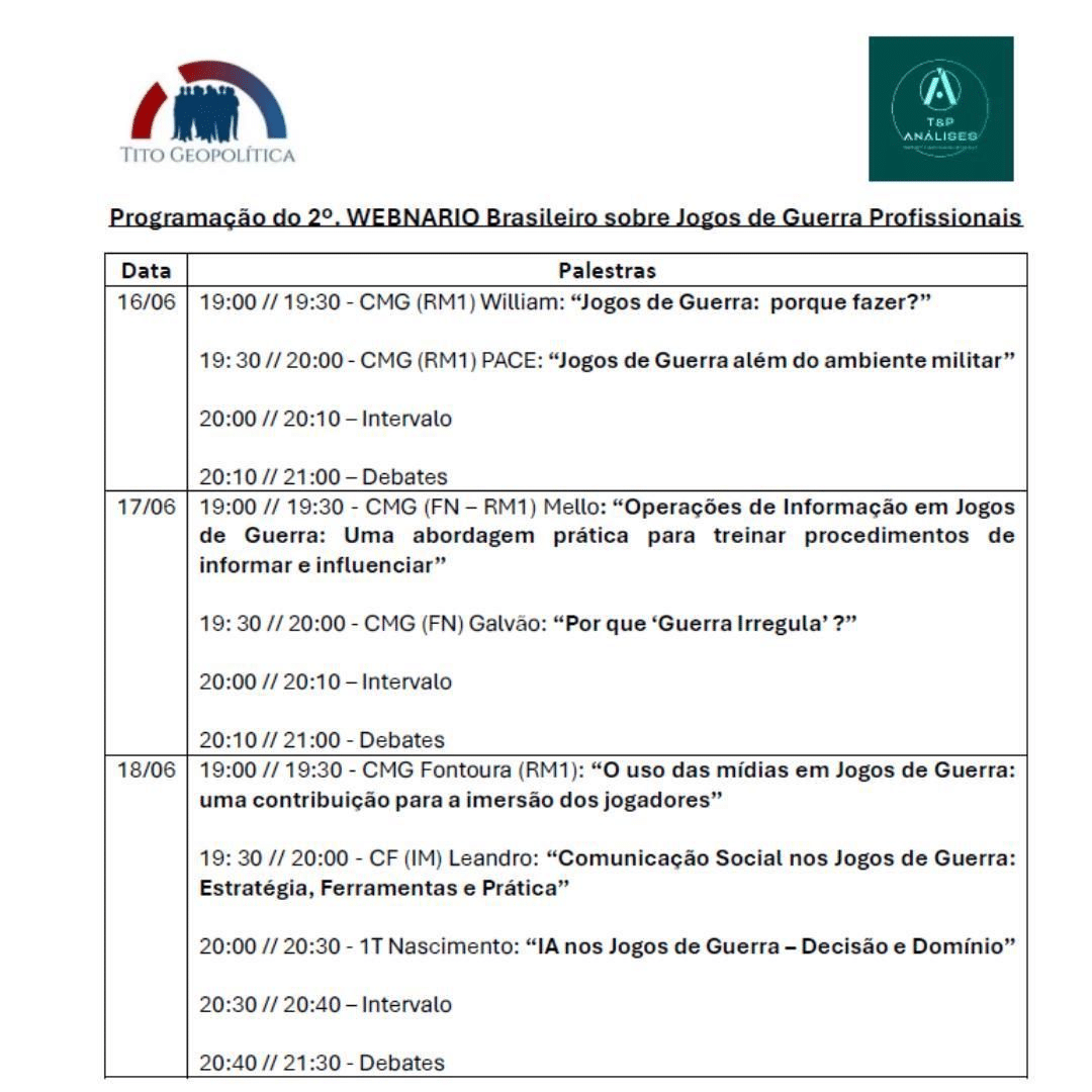 Programação do 2º webinário de Jogos de Guerra.