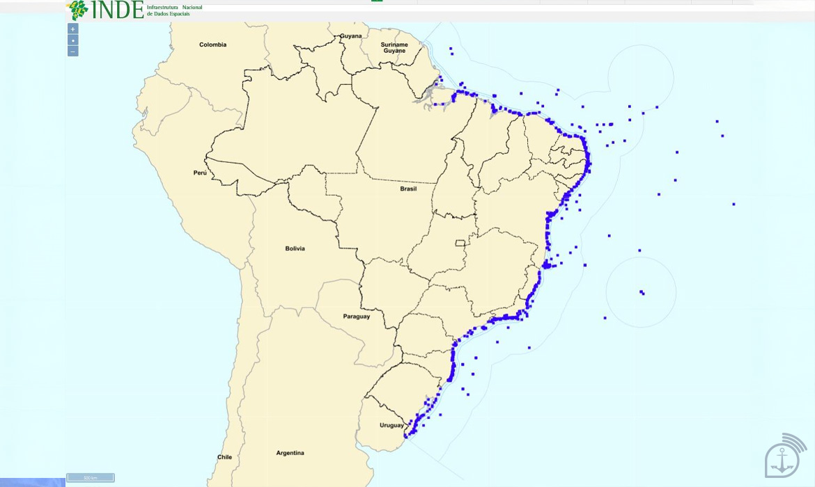 Mapa da costa brasileira com marcações em azul