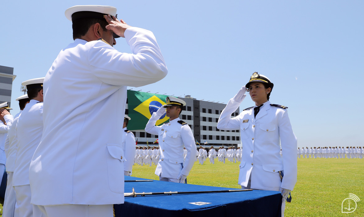 Oficiais da Marinha saudando em cerimônia oficial.