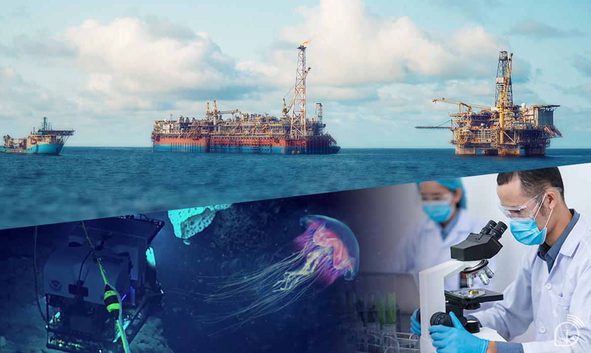 Plataformas, pesquisas marinhas e laboratório científico.