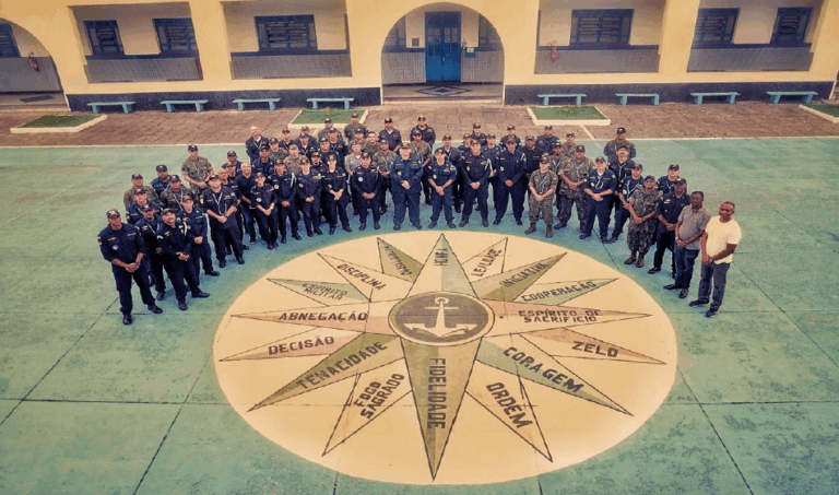 Guardas civis reunidos em círculo em pátio escolar.