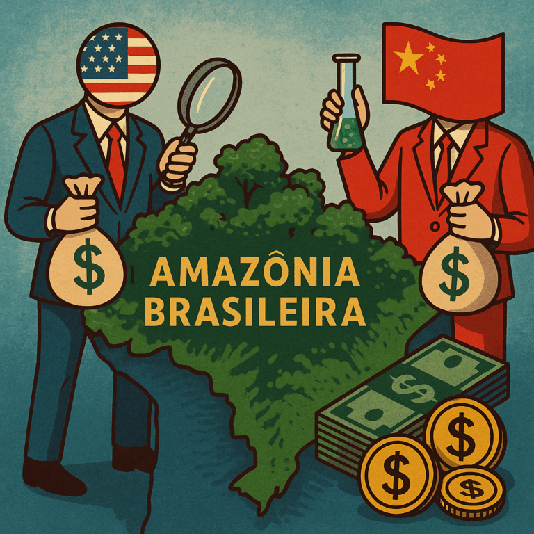 Interesse estrangeiro na Amazônia representado por figuras políticas.