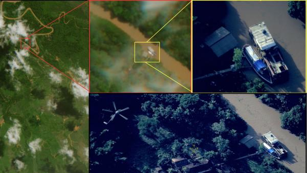 Helicóptero e barco em imagens aéreas de floresta tropical.