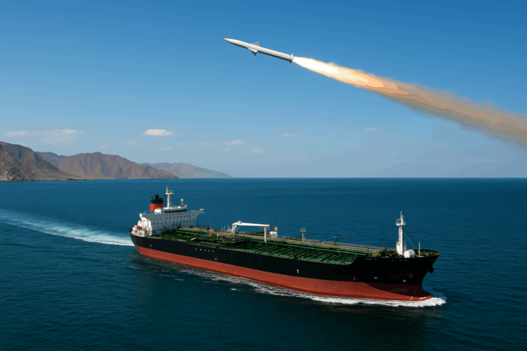 Navio sendo atacado por míssil no oceano.