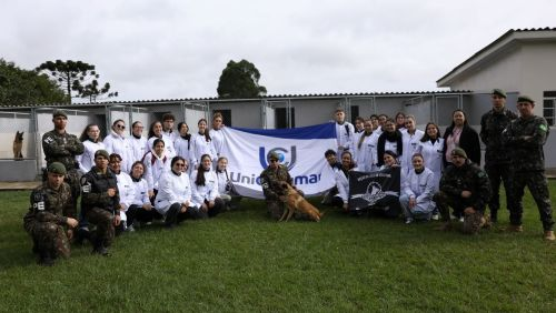 Equipe médica e militar com bandeira da Unicesumar.
