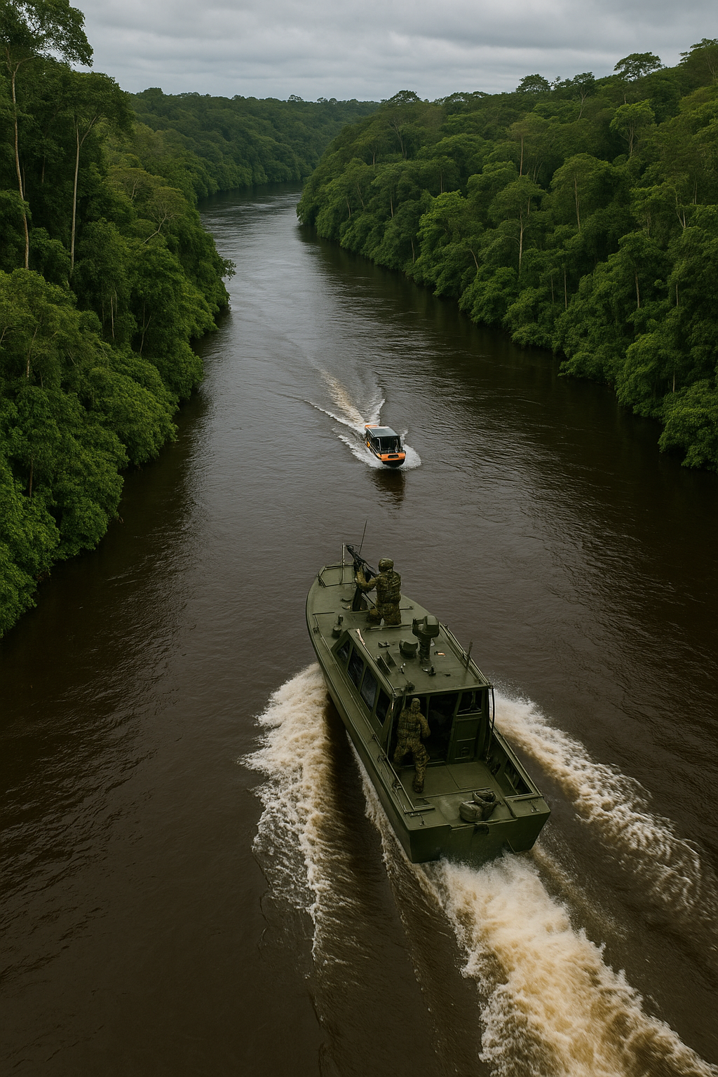 Barco militar navegando em rio na floresta amazônica.