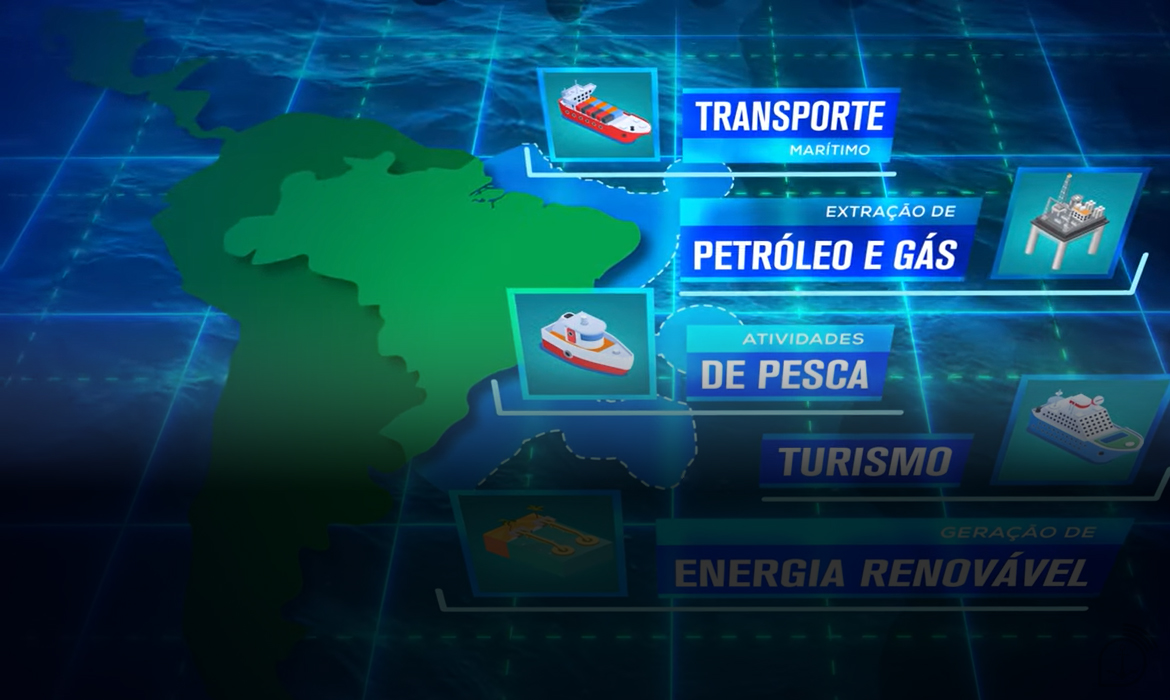 Mapa com atividades econômicas no mar.