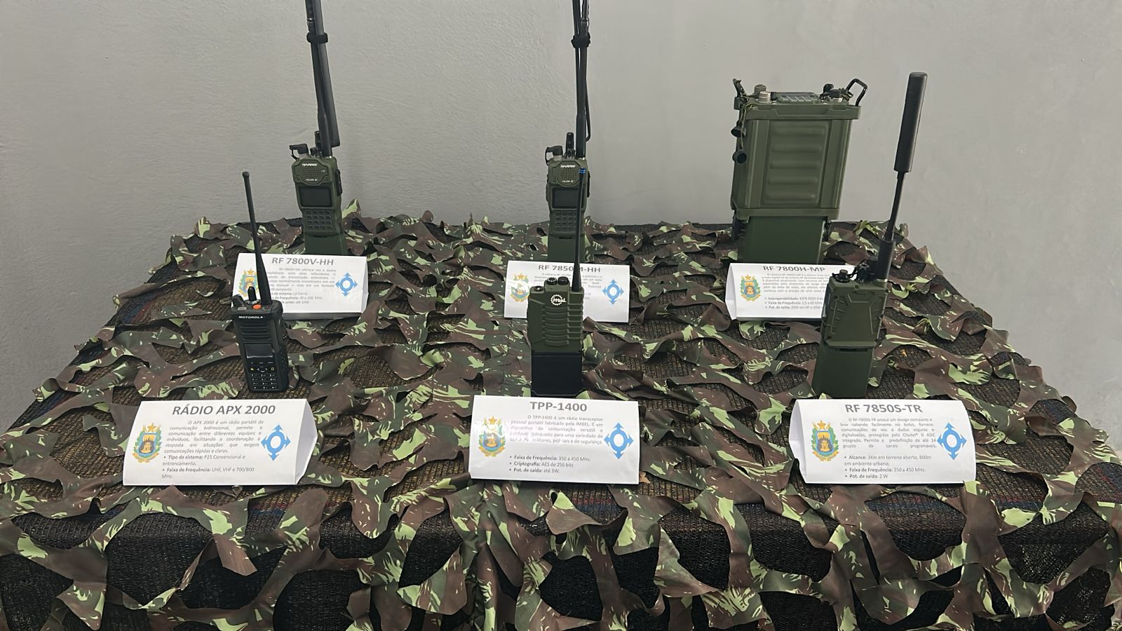 Equipamentos militares sobre mesa camuflada.