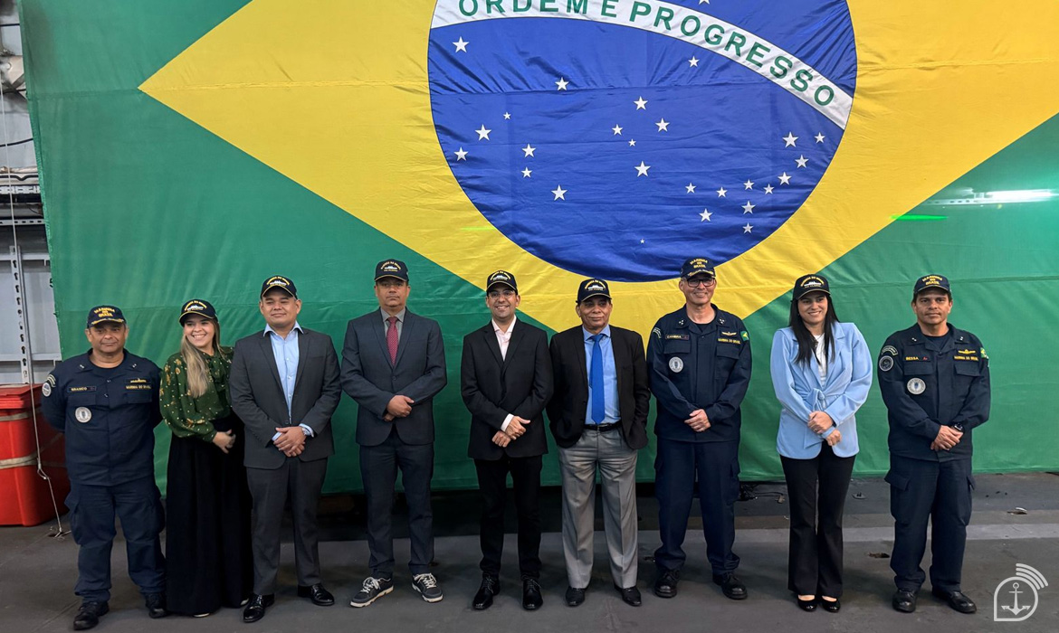 Grupo posando na frente da bandeira do Brasil.