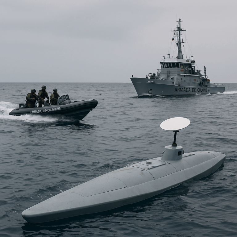 Submarino e barcos da Marinha da Colômbia no mar.