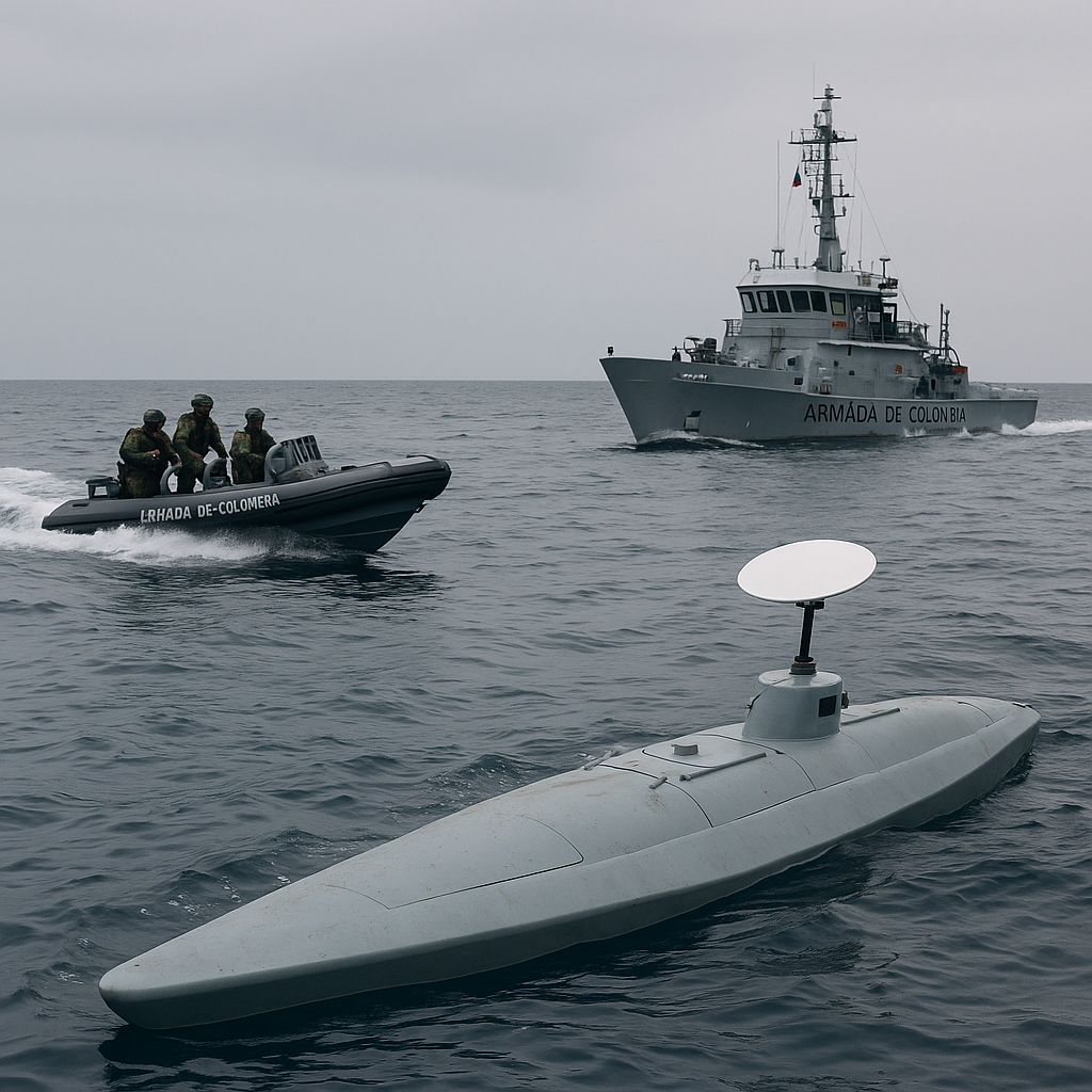 Submarino e barcos da Marinha da Colômbia no mar.