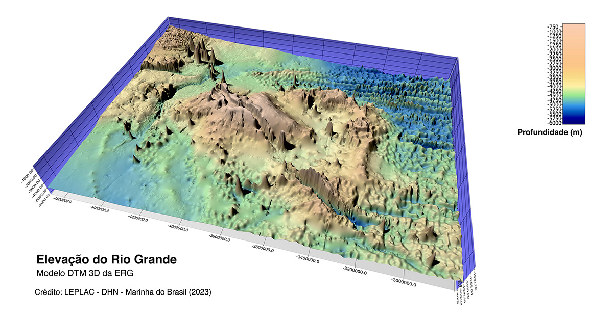 Modelo 3D da elevação do Rio Grande, Brasil.