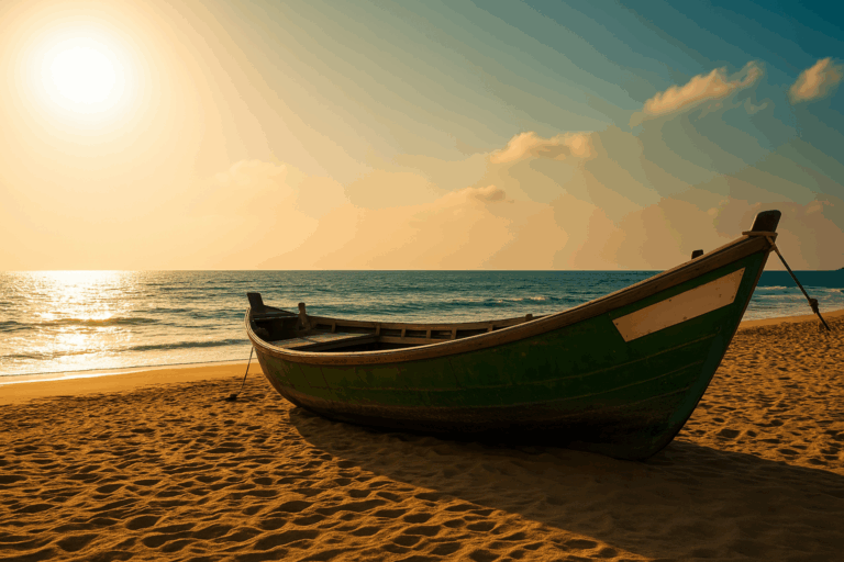Barco na praia ao pôr do sol