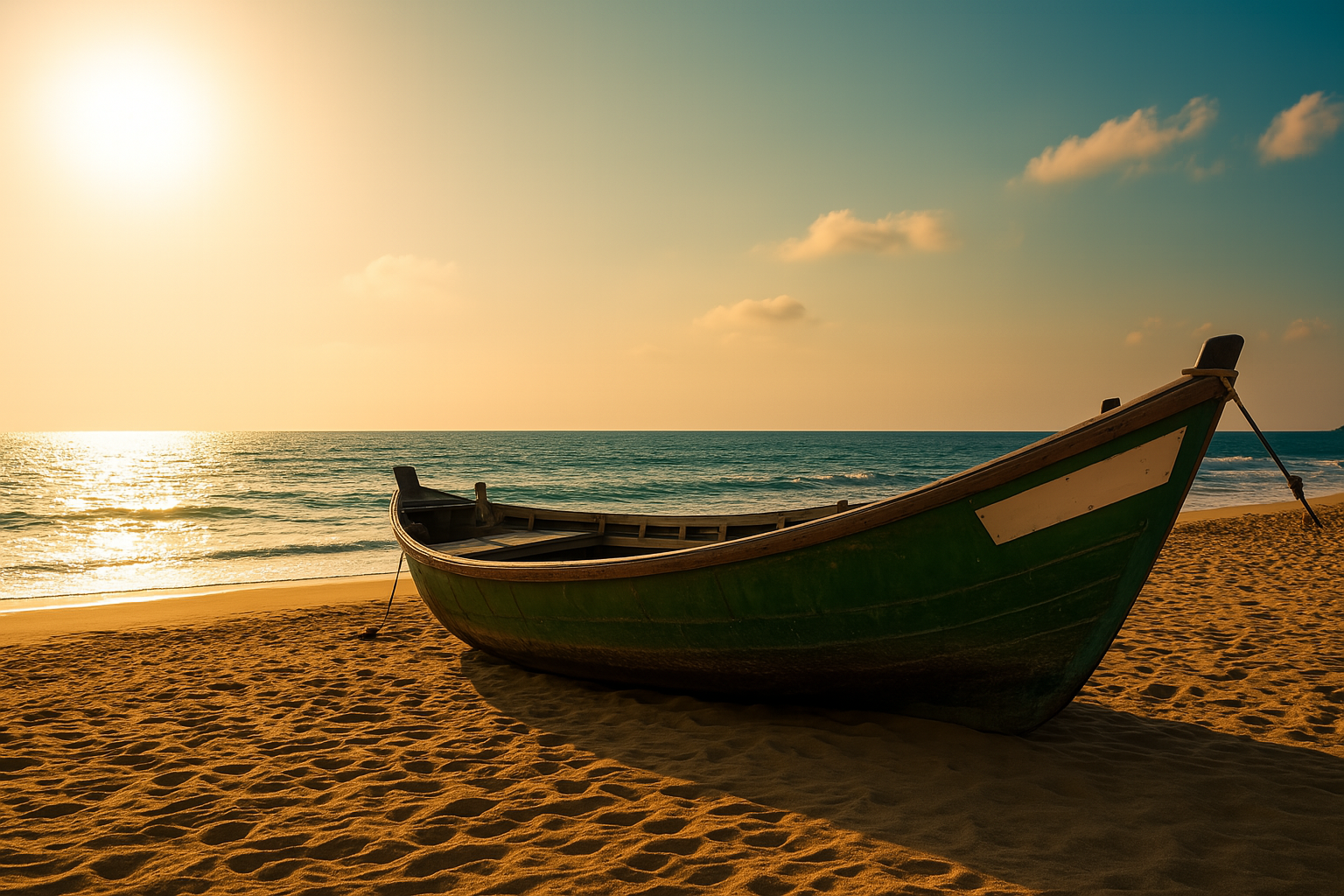 Barco na praia ao pôr do sol