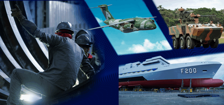 Indústria de defesa: avião, navio, veículo militar, trabalhadores.