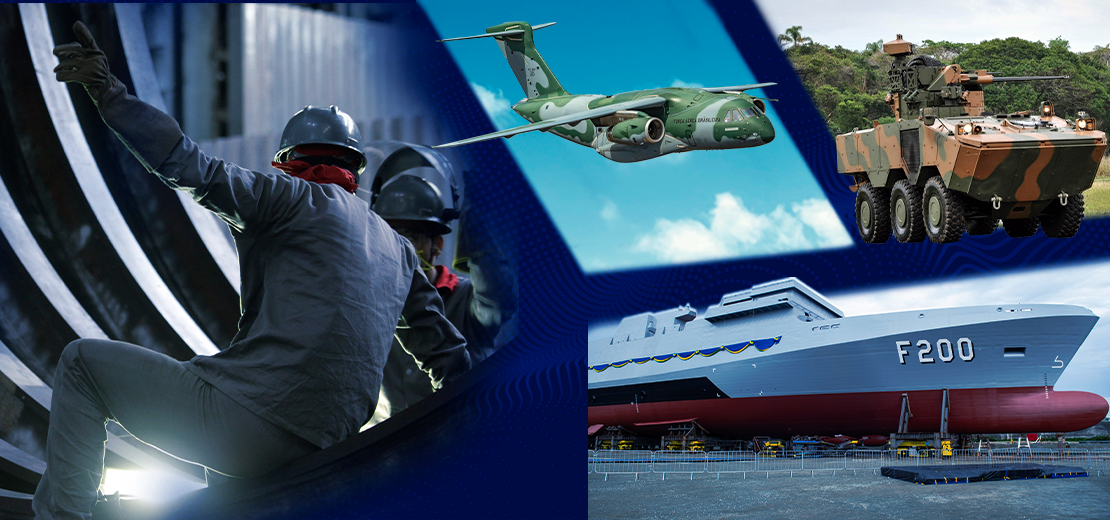 Indústria de defesa: avião, navio, veículo militar, trabalhadores.