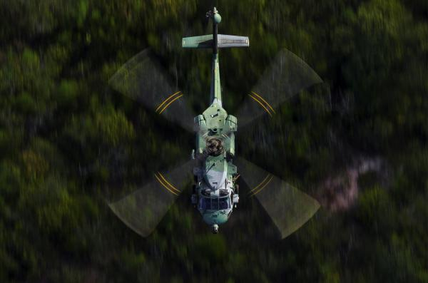 Helicóptero militar sobrevoando floresta densa.