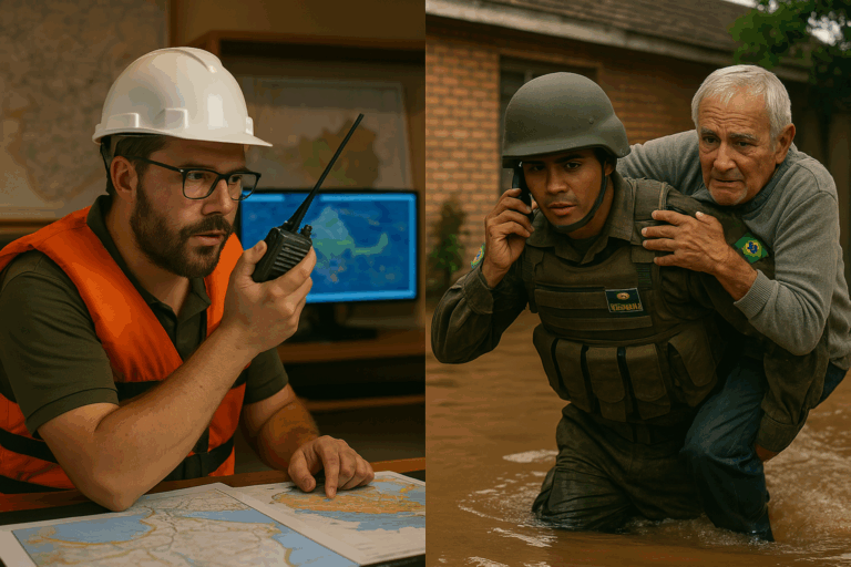 Coordenador e militar operando em situação de emergência.