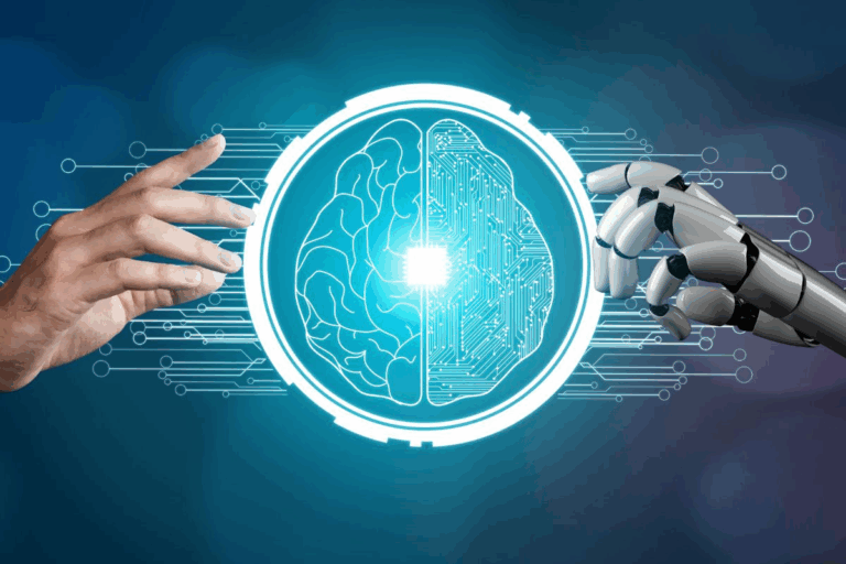Mão humana e robótica se aproximando, cérebro digital.